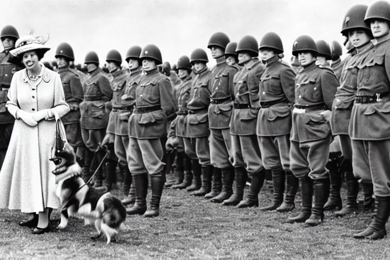 Image similar to ultra wide 1 9 4 6 historical far away photo of young queen elizabeth and her corgi army accepting the surrender of the german army, highly detailed