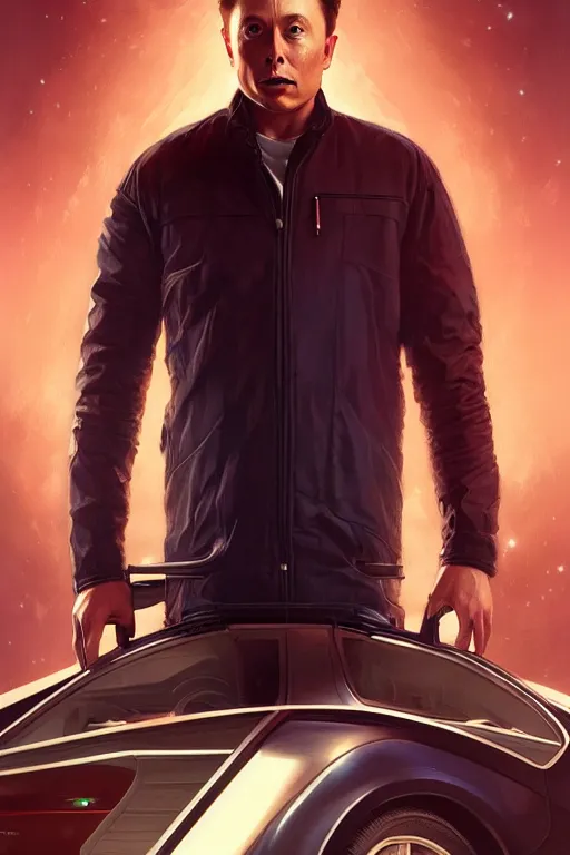 Image similar to elon musk as marty mcfly near delorean, realistic portrait, symmetrical, highly detailed, digital painting, artstation, concept art, smooth, sharp focus, illustration, cinematic lighting, art by artgerm and greg rutkowski and alphonse mucha