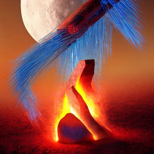 Image similar to a sword burning with blue fire sticks out of a stone, scorched earth around the stone, the sky glows red, a large moon, realistic art, digital art, 8 k, clear, sharp, very detailed