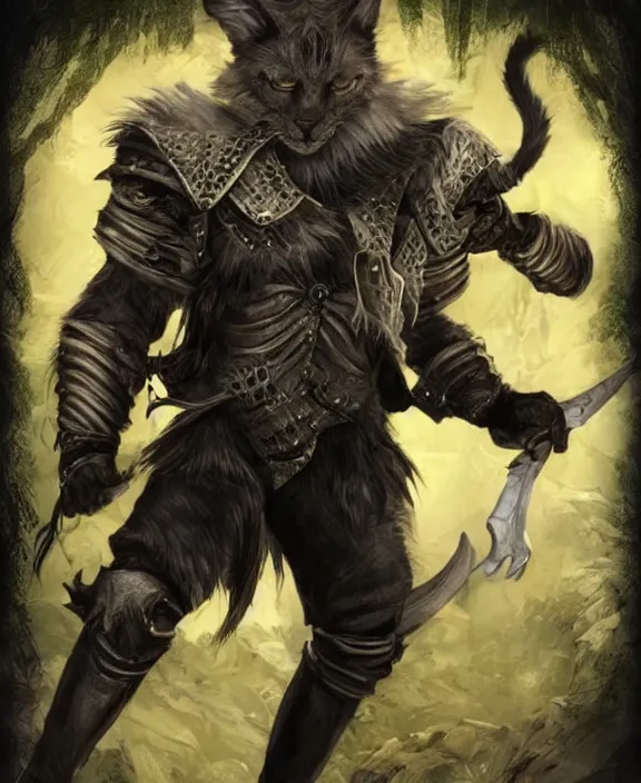 Image similar to humanoid male khajiit rogue, wearing leather armor, mainecoon cat features with black fur, far - mid shot, magic the gathering, fantasy