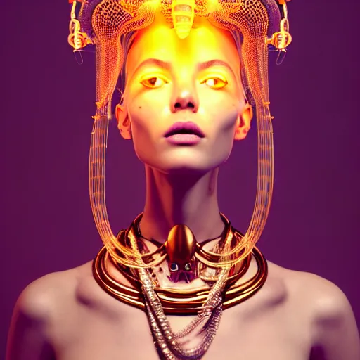 Image similar to portrait of an absurdly beautiful, graceful, sophisticated, fashionable egyptian cyberpunk mechanoid gravure idol, hyperdetailed illustration by irakli nadar, matt wisniewski style, intricate linework, fashion photography, porcelain skin, jellyfish headdress, golden cable necklace, unreal engine 5 highly rendered, radiant light, detailed and intricate environment