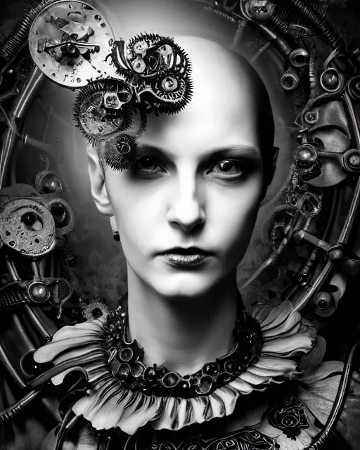 Image similar to black and white dreamy foggy smoky profile face portrait, one silver steampunk eye biomechanical beautiful young female cyclope - cyborg - robot bust, body ribs meshes,, volumetric light, hibiscus flowers, by hg giger, rim light, by dora maar and cecile beaton, big gothic fashion pearl embroidered collar, 8 k