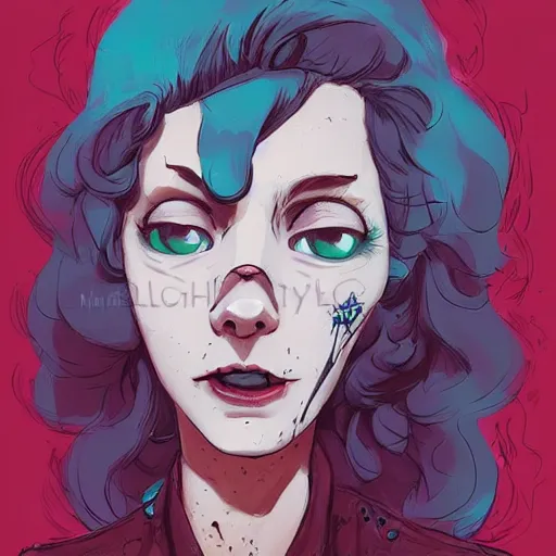 Image similar to Highly detailed portrait of pretty punk zombie young lady with, freckles and beautiful hair by Atey Ghailan, by Loish, by Bryan Lee O'Malley, by Cliff Chiang, inspired by image comics, inspired by graphic novel cover art, inspired by papergirls !! Gradient color scheme ((grafitti tag brick wall background)), trending on artstation