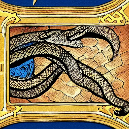 Image similar to a snake biting itself in the center of a tarot card, intricate details in the frames, 4k, high quality render.