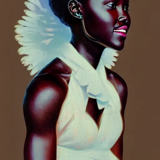 Prompt: gorgeous and beautiful lupita nyong'o, half body shot, angelic, path traced, highly detailed, high quality, digital painting, alena aenami, lilia alvarado, shinji aramaki, karol bak, alphonse mucha, tom bagshaw