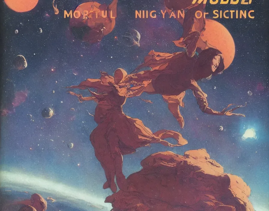 Prompt: illustrated by moebius and greg rutkowski, romantic!!! space scene!! with standing young girl!!!!, orbit of earth!, futuristic orbital station!!!!, nebulae!!, starry sky!!, rule of third!!!!, vintage cover of sci - fi magazine, cinematic!!