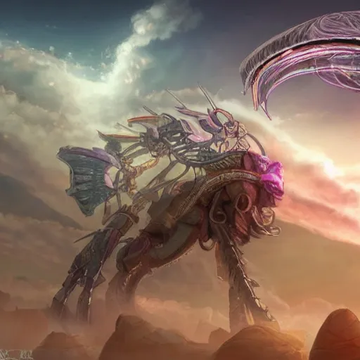 Image similar to the ancient world, hyper complexity, highly detailed, cinematic lighting, pastel colored sunrise, flying robotic racoon with gold metal huge wings on its back in the cloudy sky, sharp outlines, complete whole shrimp body, another sleeping racoon face in the clouds watching each other, hyperrealistic, trending on pixiv fanbox, love death robot,