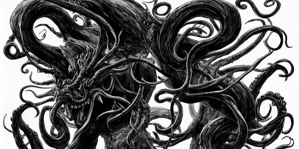 Image similar to highly detailed black and white photography of a demon face with pointed horns and tentacles, beautiful face, art by durero, illustration