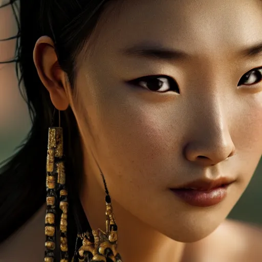 Image similar to portrait of a stunningly beautiful alluring asian tribal female, depth of field, zeiss lens, detailed, symmetrical, centered, fashion photoshoot, by Annie Leibovitz and Steve McCurry, David Lazar, Jimmy Nelsson, Breathtaking, 8k resolution, extremely detailed, beautiful, establishing shot, artistic, hyperrealistic, beautiful face, octane render