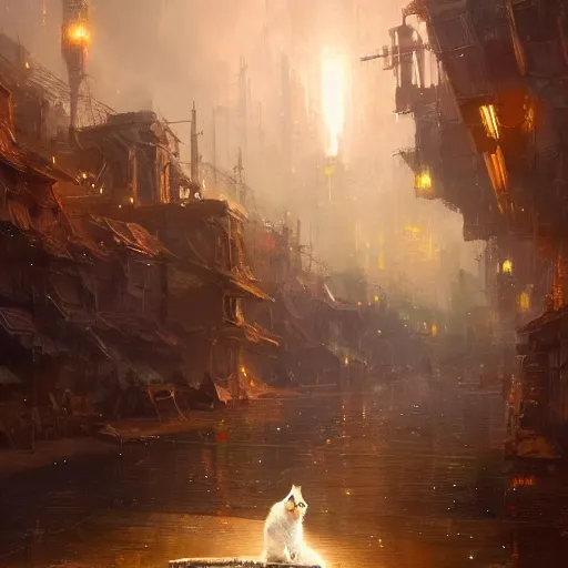 Prompt: Concept art, beautiful painting of a cat, shining its light among stars, wandering around a metropolis city, 8k, james gurney, greg rutkowski, john howe, artstation