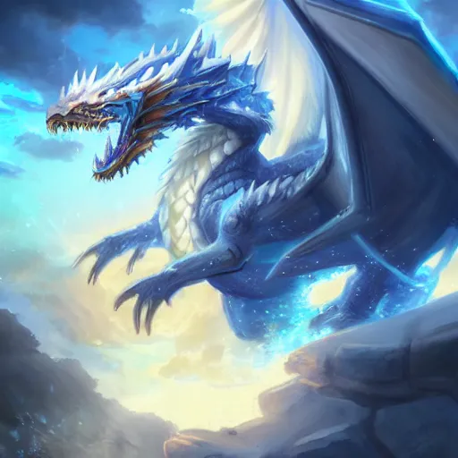 Image similar to a blue eye white dragon, battlefield background, bright art masterpiece artstation. 8 k, sharp high quality artwork in style of jose daniel cabrera pena and greg rutkowski, concept art by tooth wu, blizzard warcraft artwork, hearthstone card game artwork, yugioh artwork