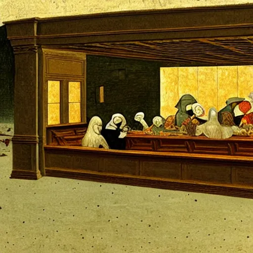 Image similar to Nighthawks by Leonardo DaVinci, illustration, highly detailed, HD