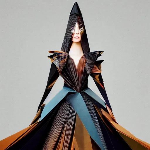 Image similar to 3 / 4 view of a female dancer wearing an origami dress, eye - level medium shot, elegant, by eiko ishioka, givenchy, philippe druillet, by peter mohrbacher, centered, fresh colors, origami, fashion, detailed illustration, vogue, high depth of field, japanese, reallusion character creator