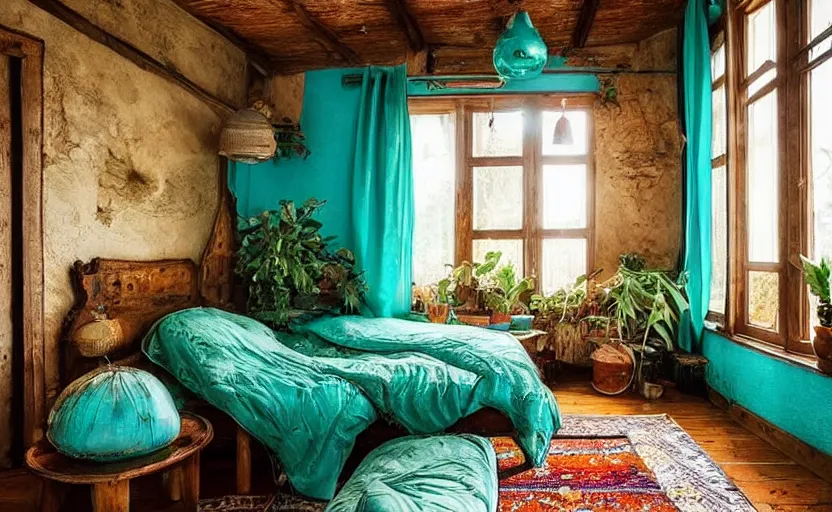 Prompt: east european bohemian bedroom interior, bed, rustic wood, large windows, minimalism, farm theme, cupboards, plants, earth colors, bright, turquoise, oriental, persian, rural, retro design