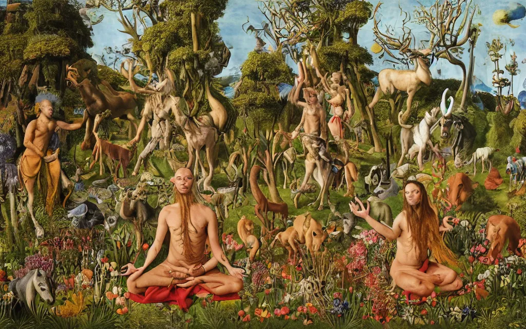 Image similar to photograph of a meditating centaur shaman and a striped werewolf feeding animals. surrounded by bulbous flowers, animals and a few trees. river delta with rock cliffs under a blue sky full of burning stars. painted by jan van eyck, max ernst, ernst haeckel, ernst fuchs and artgerm. trending on artstation, trending on cgsociety