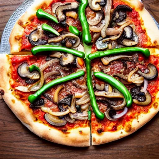 Image similar to a pizza topped with liver, onions, green peppers, anchovies, mushrooms