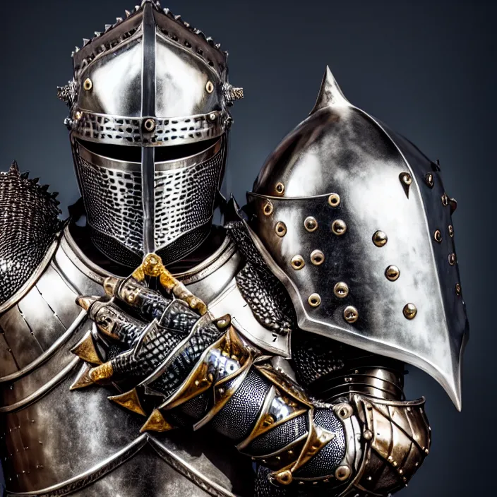 Image similar to photo of a knight with metal crocodile themed armour and helmet, highly detailed, 4 k, hdr, smooth, sharp focus, high resolution, award - winning photo