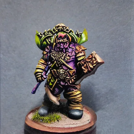 Image similar to chaos dwarf smith in the style of warhammer fantasy : : head and torso oil painting