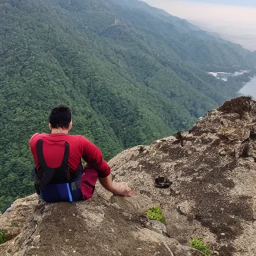 Image similar to man sitting on top peak mountain cliff looking at tsunami