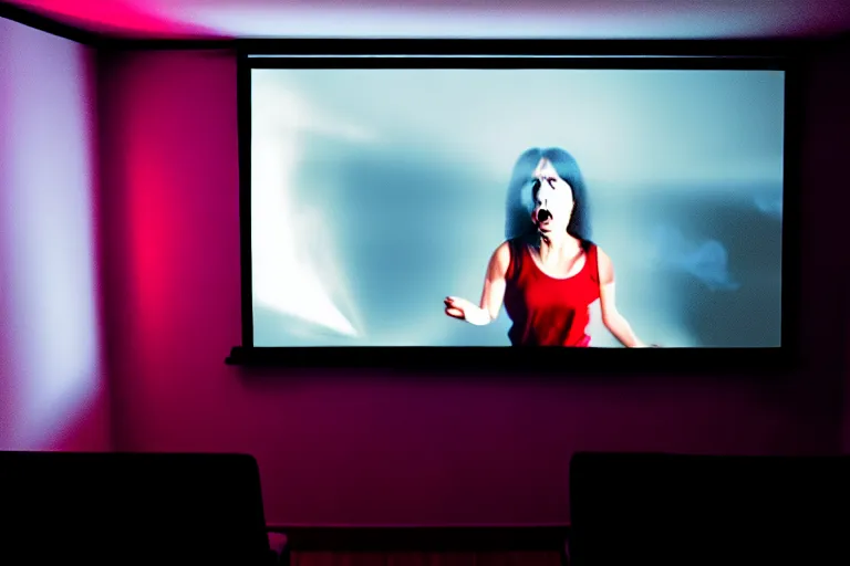 Prompt: a projector showing a slide show, of an angry woman, slightly smokey room