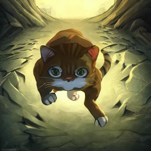 Image similar to deeply scared cat running away from the giant carnivorous sandwich, artstation hq, dark phantasy, stylized, symmetry, modeled lighting, detailed, expressive, true unsimulated emotions, created by hayao miyazaki