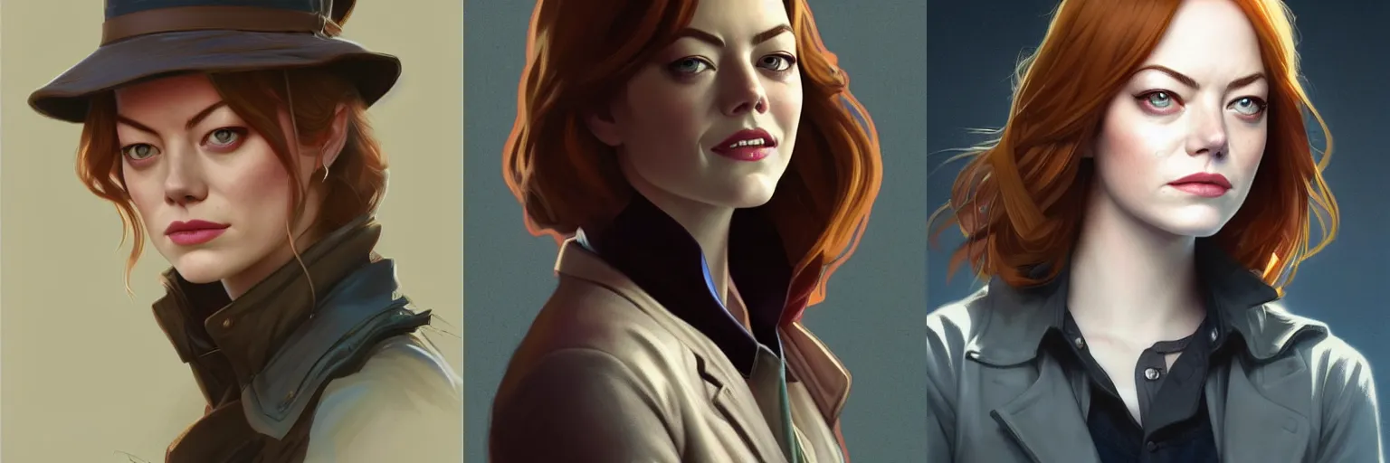 Prompt: portrait of Emma Stone as a detective, highly detailed, digital painting, artstation, concept art, sharp focus, illustration, art by artgerm and greg rutkowski and alphonse mucha