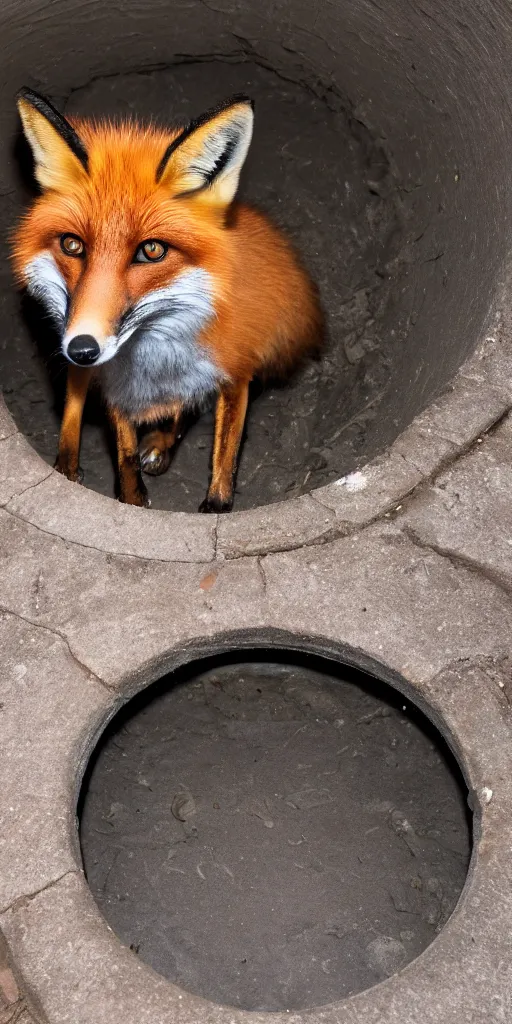 Image similar to a fox is hidden inside a manhole trying to jump out, 4k photography flash