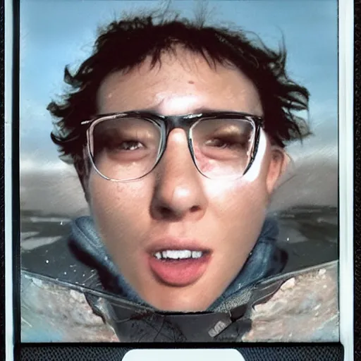 Image similar to selfie of a human at the end of the world, hyper realistic, extremely detailed, polaroid camera