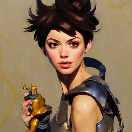 Image similar to greg manchess painting of tracer wearing a knight armor, medium shot, organic painting, sunny day, bold shapes, hard edges, street art, trending on artstation, by huang guangjian and gil elvgren and sachin teng and artgerm and greg rutkowski and alphonse mucha