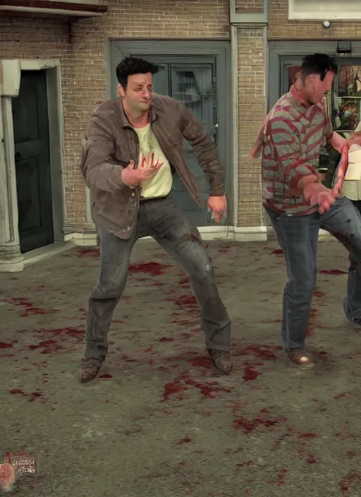 Image similar to a scene from friends where joey and chandler fight zombies, face enhance, realistic, shaun of the dead, izombie, ultra detailed, octane render, lovecraftian, horror, dead space, the walking dead