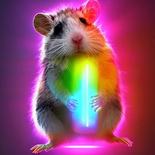 Image similar to cyberpunk hamster! holding rainbow! gem! crystal, neon lights, light reflection, 8 k, hd