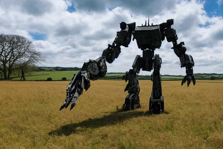 Image similar to beautiful english countryside, a ginormous destroyed mech lies broken in a field