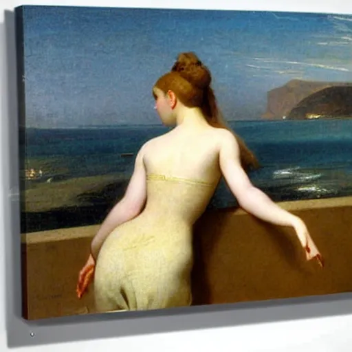 Image similar to A girl on the front of a Balustrade with a beach on the background by paul delaroche