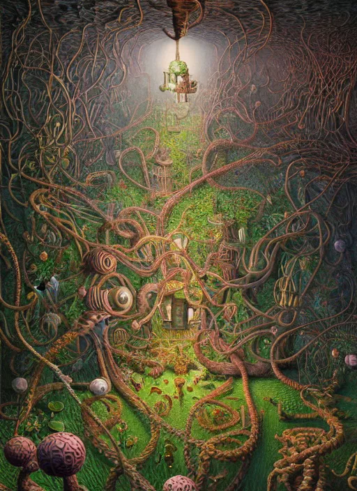 Image similar to hyper detailed 3d render like a Oil painting - the secret tangled garden of lunacy and madness by Jacek Yerka, Mariusz Lewandowski, Houdini algorithmic generative render, Abstract brush strokes, Masterpiece, Edward Hopper and James Gilleard, Zdzislaw Beksinski, Mark Ryden, Wolfgang Lettl, hints of Yayoi Kasuma, octane render, 8k