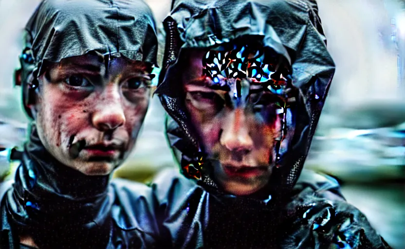 Image similar to cinestill 5 0 d candid photographic portrait by helen levitt of two cyborgs wearing rugged white mesh techwear in treacherous waters, extreme closeup, modern cyberpunk moody depressing cinematic, pouring rain, 8 k, hd, high resolution, 3 5 mm, f / 3 2, ultra realistic faces, ex machina