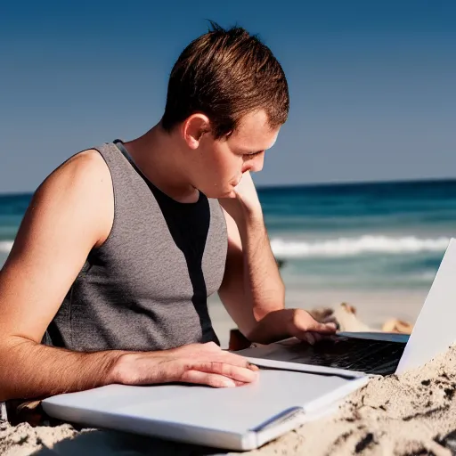 Image similar to photo of man working on laptop at beach, perfect face, fine details, 4 k, bokeh