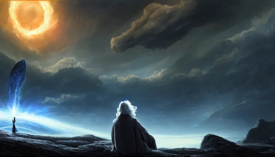 Image similar to a beautiful painting of gandalf watching a supernova in the sky of an alien world, ray traced lighting by jean kalin popov and greg rutkowski