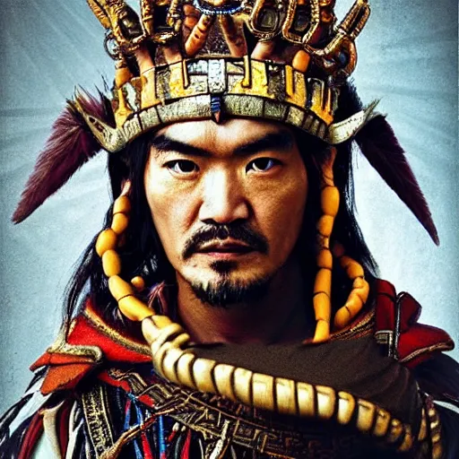 Prompt: medium shot portrait, takeshi kaneshiro as a brave tribal king, tribal headwear, detailed, concept art by artem priakhin