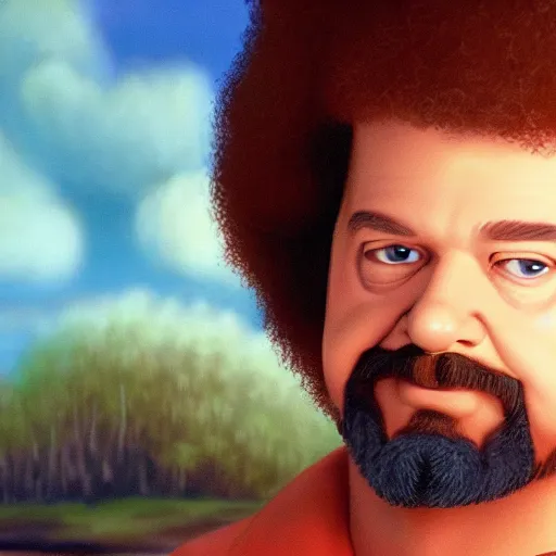 Image similar to a closeup photorealistic photograph of bob ross detailing a canvas painting of kenny powers. film still. brightly lit scene. this 4 k hd image is trending on artstation, featured on behance, well - rendered, extra crisp, features intricate detail, epic composition and the style of unreal engine.