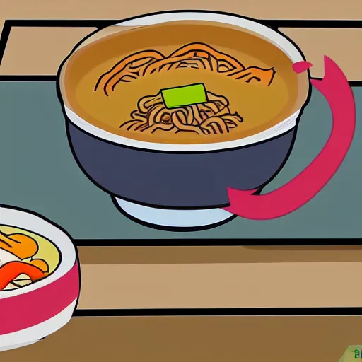 Prompt: wikihow illustration how to put ramen in your shoe