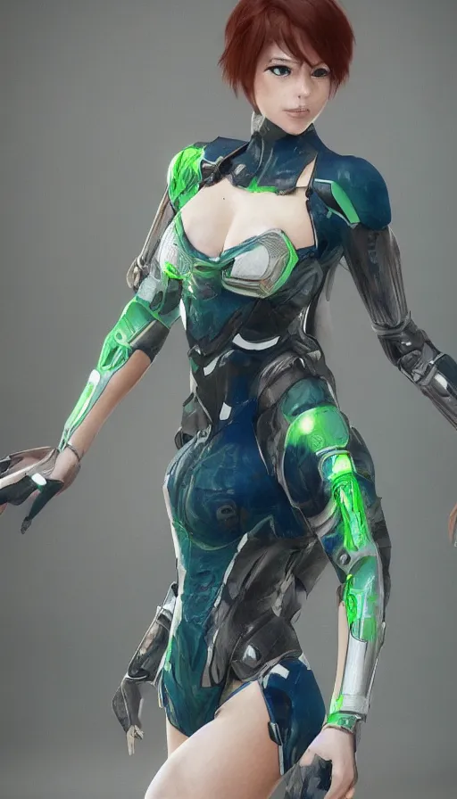 Image similar to render beautiful 3 d anime woman with short brown hair, heterochromia, blue eye and green eye, sci fi glowing bodysuit with mechanical boots, heavy makeup, short smile, cinematic lightning, highly detailed, trending on artstation, unreal engine 4 k, blender, cinematic color grading