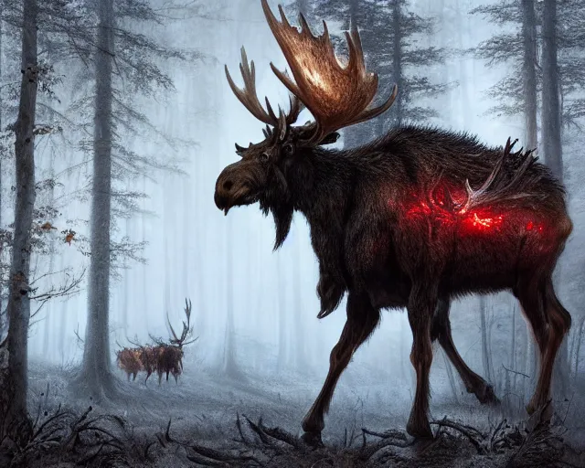 Prompt: 5 5 mm portrait photo of an armored demonic undead rotting moose with red eyes antlers and looking at the camera, in a magical forest. magical atmosphere. art by greg rutkowski and luis royo. highly detailed 8 k. intricate. lifelike. soft light. nikon d 8 5 0.