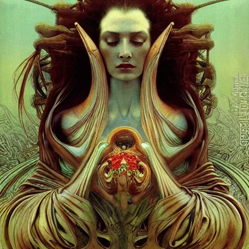 Image similar to queen of jupiter by zdzisław beksinski, zaha hadid and alphonse mucha. highly detailed, hyper - real, outstanding