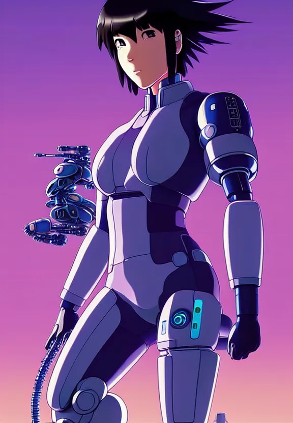 Image similar to a fullbody pose of motoko kusanagi riding a tachikoma, ghost in the shell : : connected to cables, under repairs, maintenance area, technicians : : by ilya kuvshinov, rossdraws, artgerm, sola digital arts, anti aliasing, raytracing : :