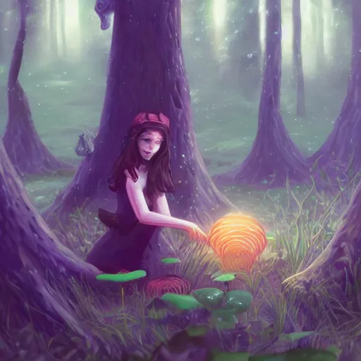 Prompt: forest witch gathering mushrooms, 2d, art direction, artstation, digital painting