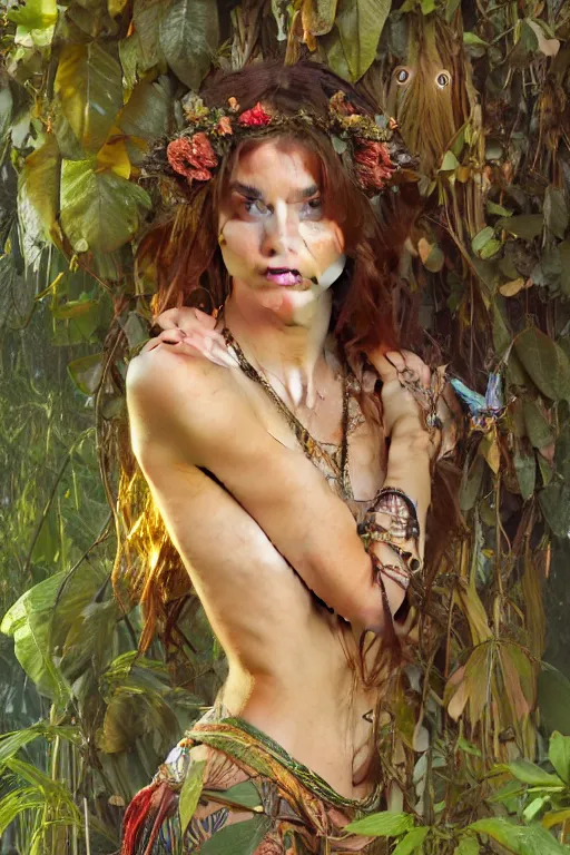 Image similar to ultra realistic illustration, bohemian girl in jungle, staring directly into camera, intricate, elegant, highly detailed, digital painting, artstation, concept art, smooth, sharp focus, illustration, art by artgerm and greg rutkowski and alphonse mucha