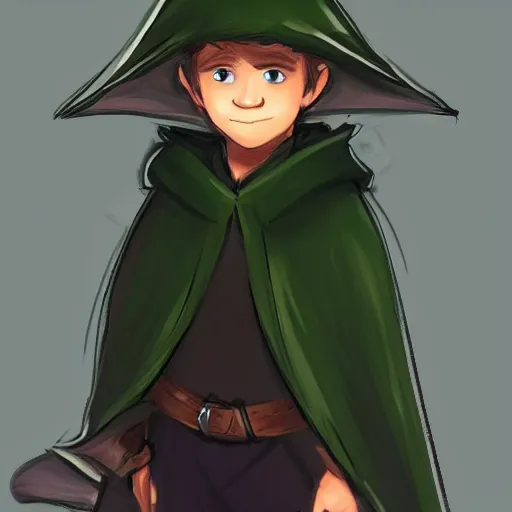 Image similar to a concept art of a cute hobbit boy wearing a dark green cloak with a hood that has fox ears on it holding a fox, trending on artstation, digital art, dungeons and dragons, realistic, Anime