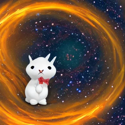 Image similar to A happy cartoon bunny protruded halfway out of a spiral black hole of stars and looked ahead-H 768