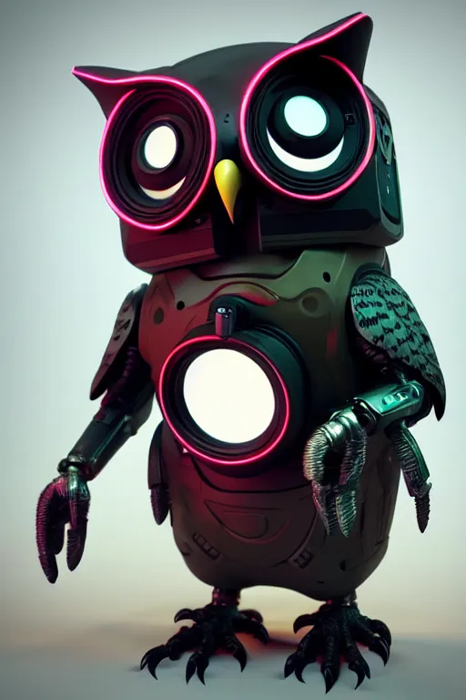 Image similar to high quality 3 d render very cute cyborg owl! with boombox!, cyberpunk highly detailed, unreal engine cinematic smooth, in the style of blade runner & detective pikachu, hannah yata charlie immer, moody light, low angle, uhd 8 k, sharp focus