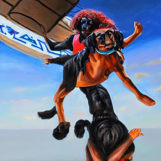 Prompt: egyptian man with long curly hair skydiving alongside small black puppy, fine art oil painting, figurative painting